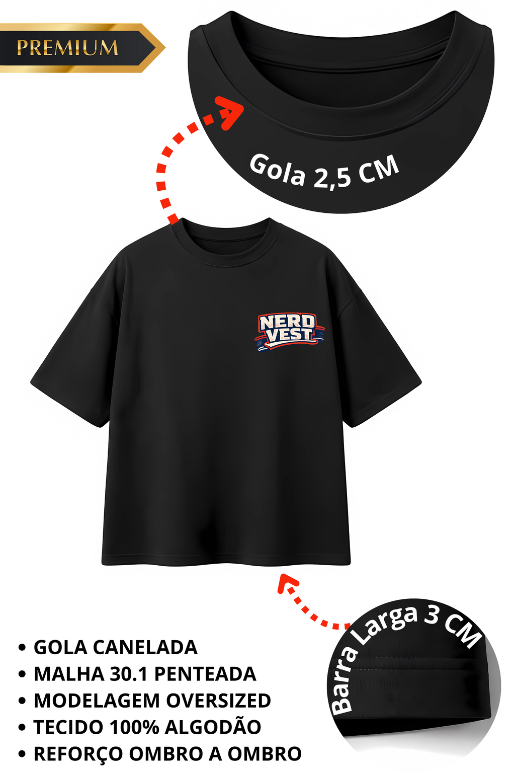 Camiseta Nerd Vest Oversized Preta - 100% Algodão 30.1 Penteado Premium